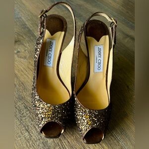 Jimmy Choo Coarse Bronze Glitter Slingback Peep Toe Platform Sandal
